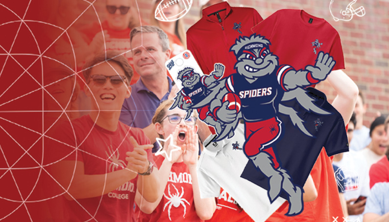 A picture of WebstUR holding a football in front of Spider fans at the Robins Stadium.