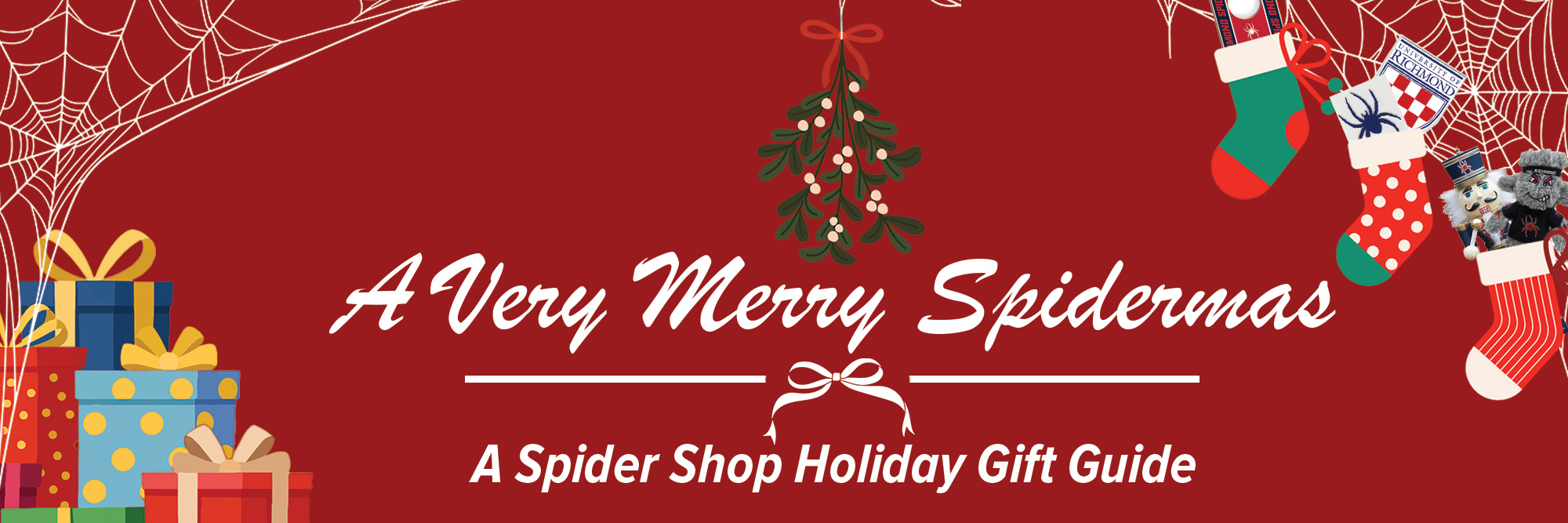 A very Merry Christmas is shown in the middle of the page, while the sides are adorned by stockings and presents