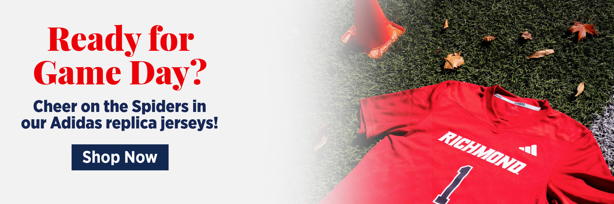 Spiders football jersey laying on the field surronded by leaves and sports cones