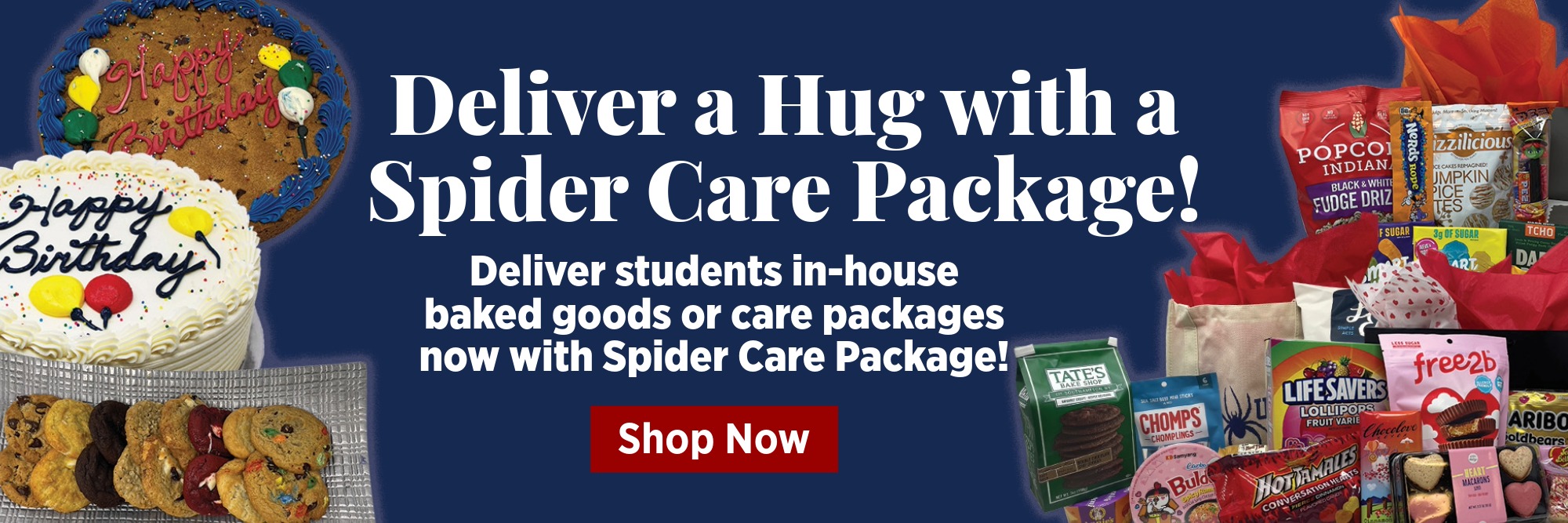 Baked goods and care packages surrounding main text.