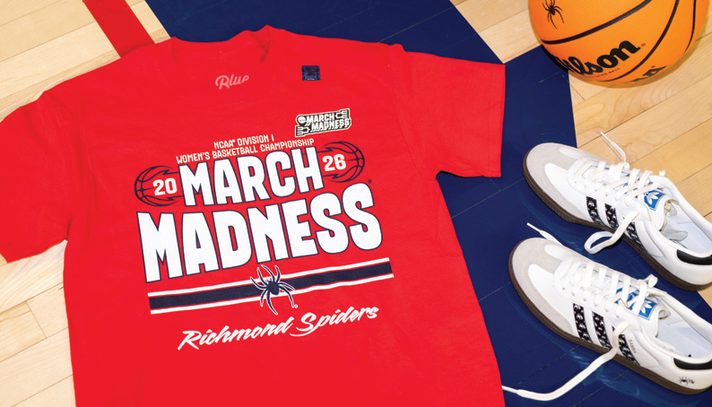 Our new Women's Spiders March Madness Tee laying on a basketball court with a ball and our new Adidas Sambas