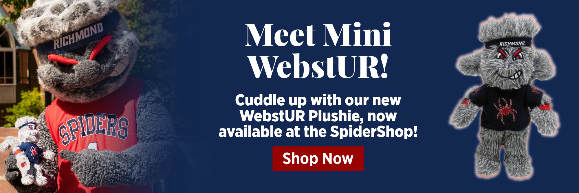University of Richmond Mascot WebstUR holding a mini plush and said mini plush is displayed separately