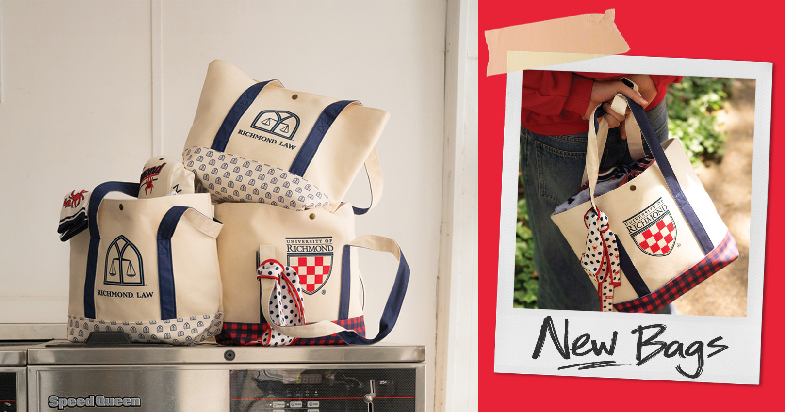 Image of our new Richmond Lexington Totes on top of a washing Machine and to thh right there is a polaroid of one being held