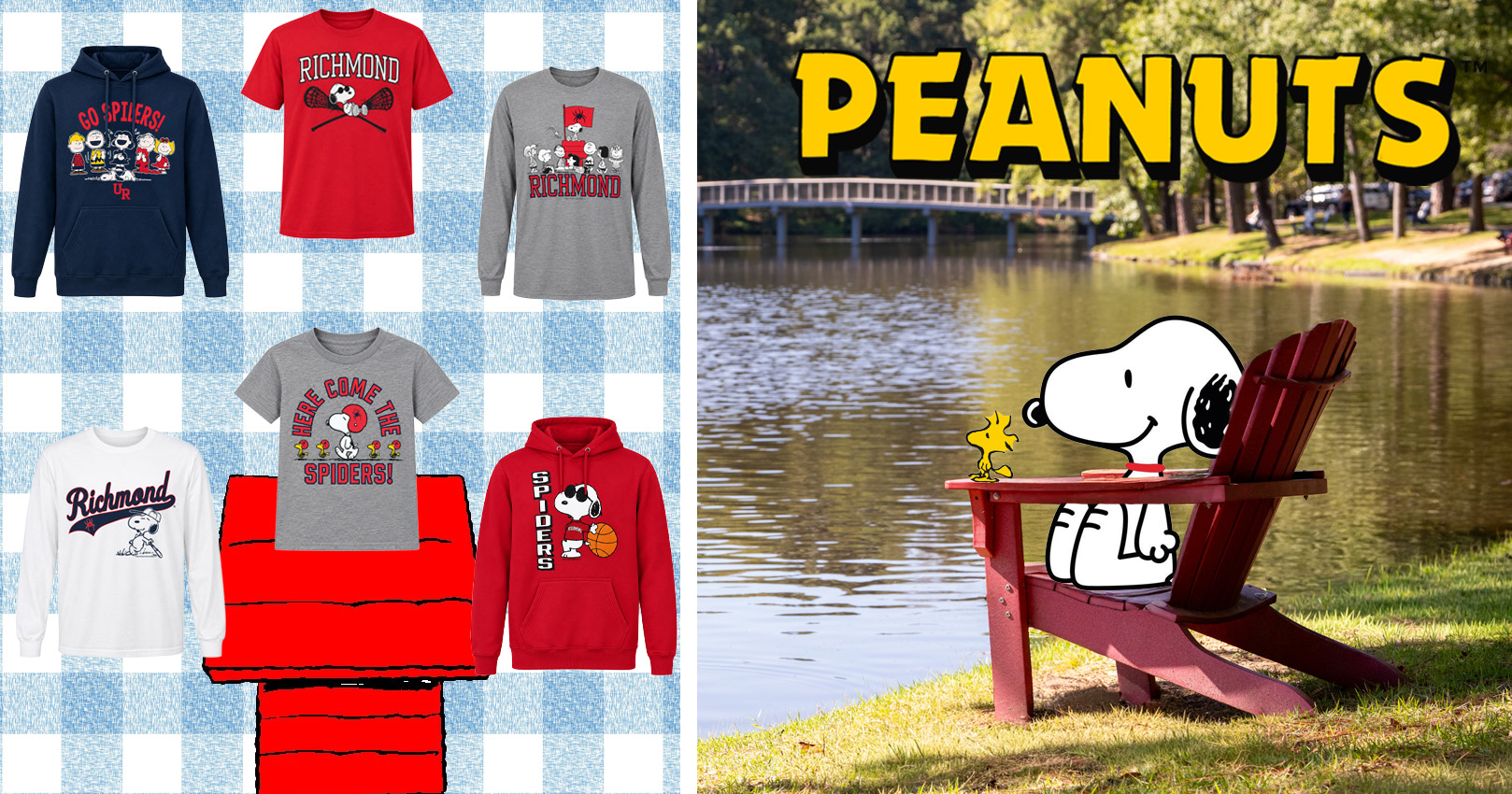 Snoopy sitting on a chair overlooking Westhampton Lake, with the new Peanuts collection displayed to the left.