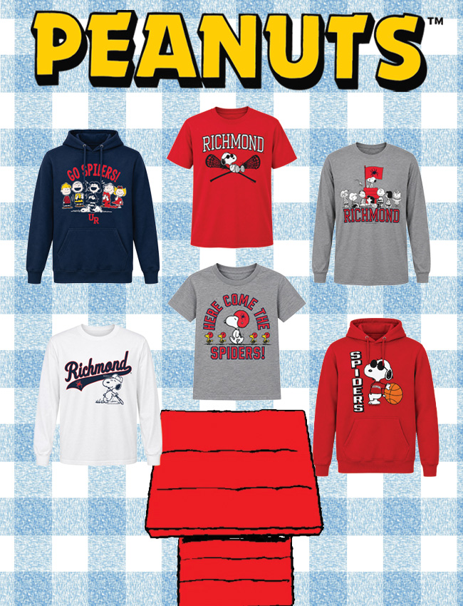 The new Peanuts collection displayed on a gingham background.