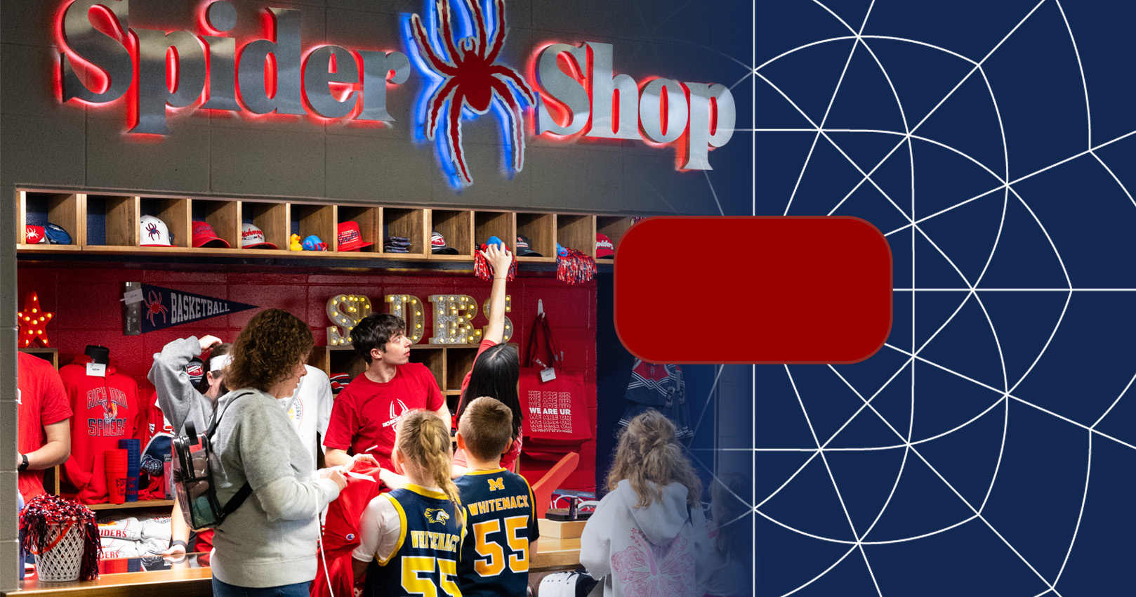 Welcome image with basketball store staff and customers