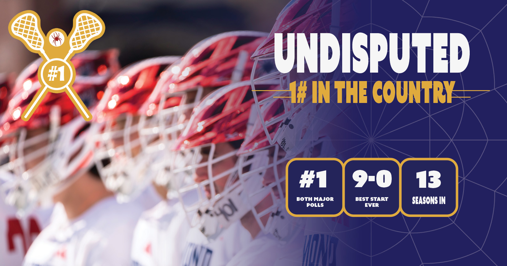 Image of our Lacrosse team in a line formation with the words undisputed #1 in the country is on top of them.