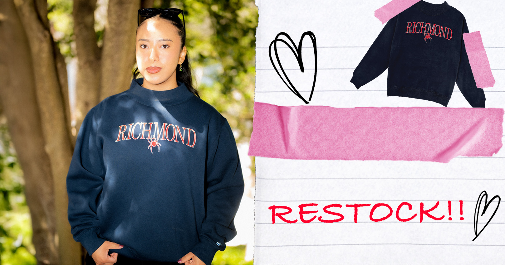 Image of a girl wearing our new Mockneck to the right is a stylized paper that shows the item image.