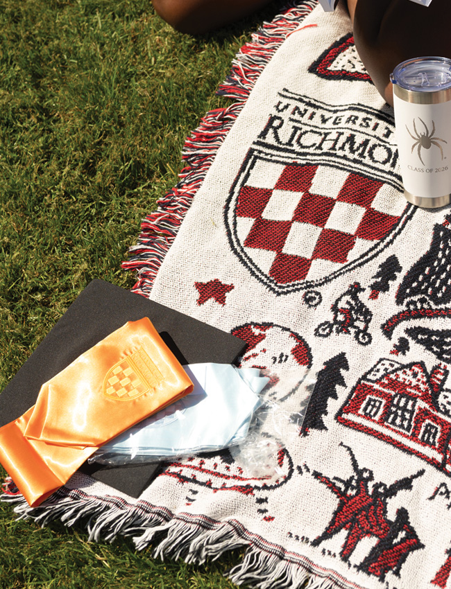 Image of a picnic blanket laid down on grass with Richmond spiders memorabilia and regalia items scattered across it.