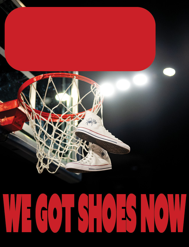Shoes hanging from basketball hoop, on desktop version, a video plays of someone playing basketball with new spidershop shoes.