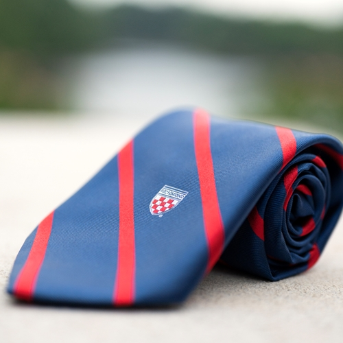 Jardine Collection Tie with Embroidered Crest in Navy & Red Stripes