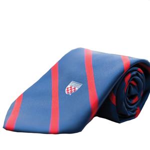 Image of Jardine Collection Tie with Embroidered Shield in Navy & Red Stripes