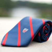 Jardine Collection Tie with Embroidered Shield in Navy & Red Stripes