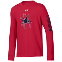 Under Armour Youth Long Sleeve Tee with Mascot and Spiders on Sleeve in Red